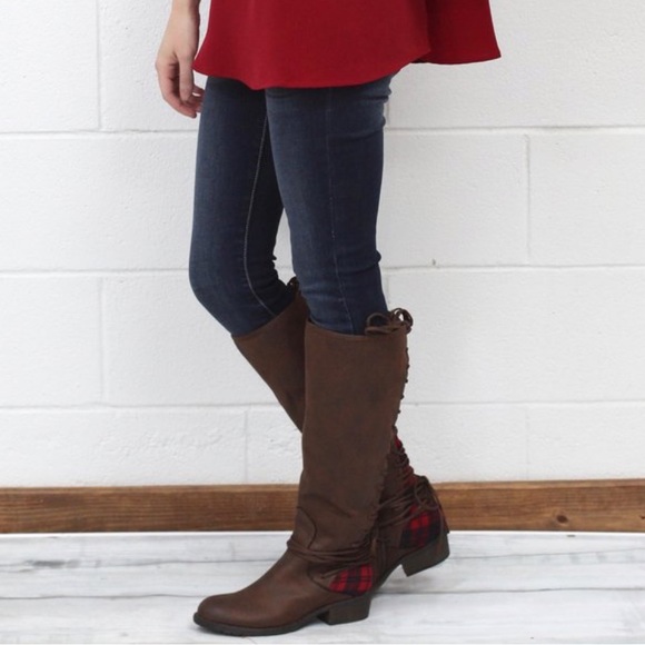 Brown/Red Plaid Corset Lace Up Knee High Boots - Picture 8 of 8